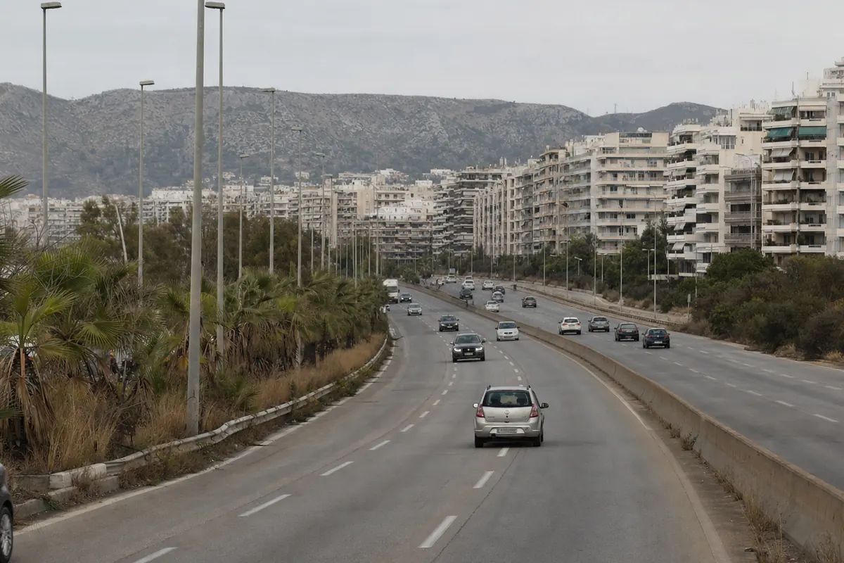 Une rocade urbaine de bord de Méditerranée, immeubles clairs et collines sèches à l’horizon.