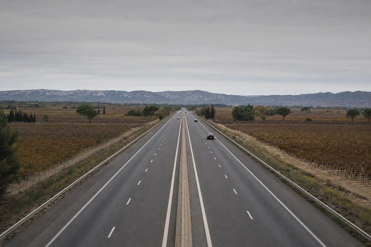 Autoroute traversant les vignes de la plaine languedocienne sous un ciel couvert, sur la route de Carcassonne à Béziers (vue de synthèse).