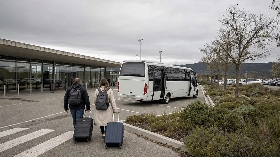 Le parvis d’une petite aérogare régionale sous un ciel couvert, une navette blanche à l’arrêt et deux voyageurs tirant leurs valises vers elle, de dos