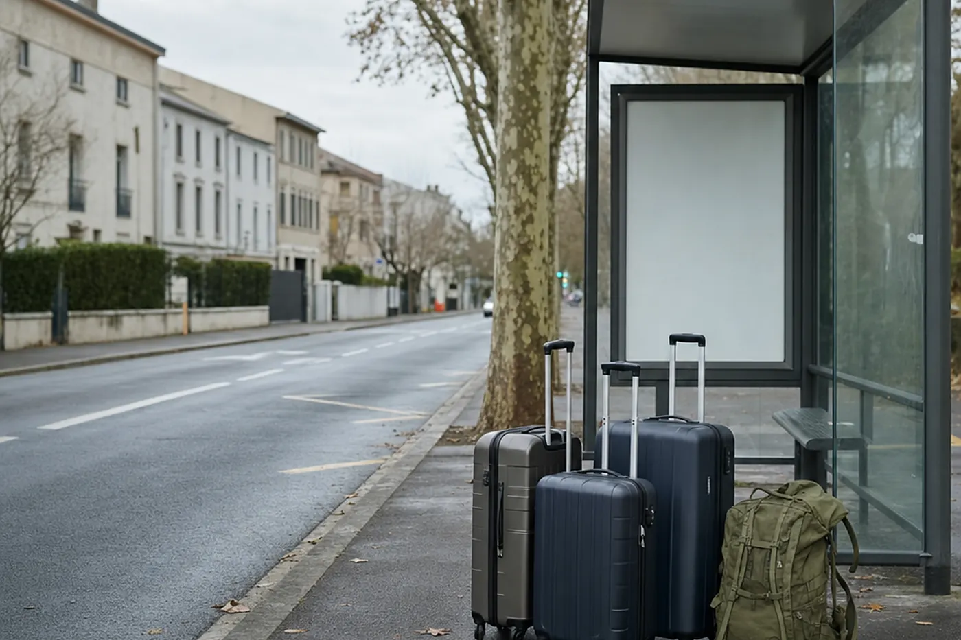 Trois grandes valises à roulettes et un sac à dos posés sur le trottoir près d’un abribus vide, au bord d’une avenue bordée de platanes, sous un ciel couvert