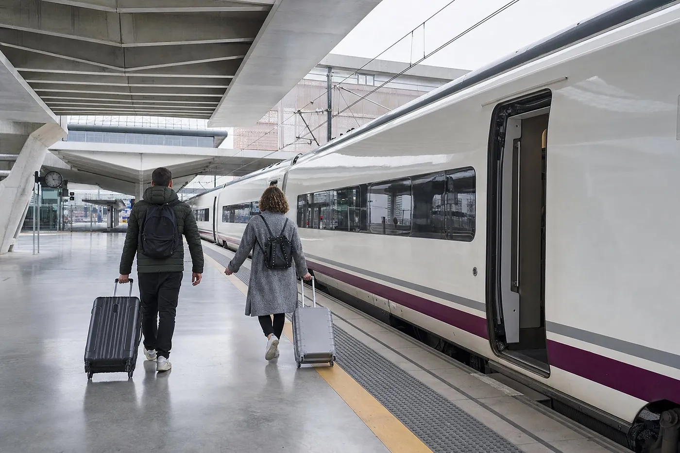 Deux voyageurs vus de dos tirant leurs valises le long d’un train à grande vitesse blanc, à quai sous la marquise de béton d’une gare moderne, sur le trajet de Carcassonne à Barcelone