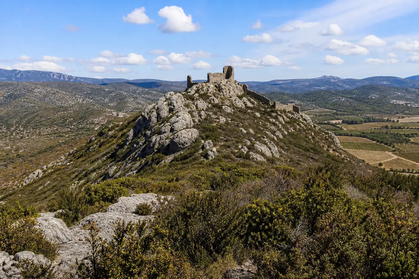 Une crête calcaire des Corbières couronnée par les ruines d’une forteresse médiévale, garrigue au premier plan et vignes en contrebas